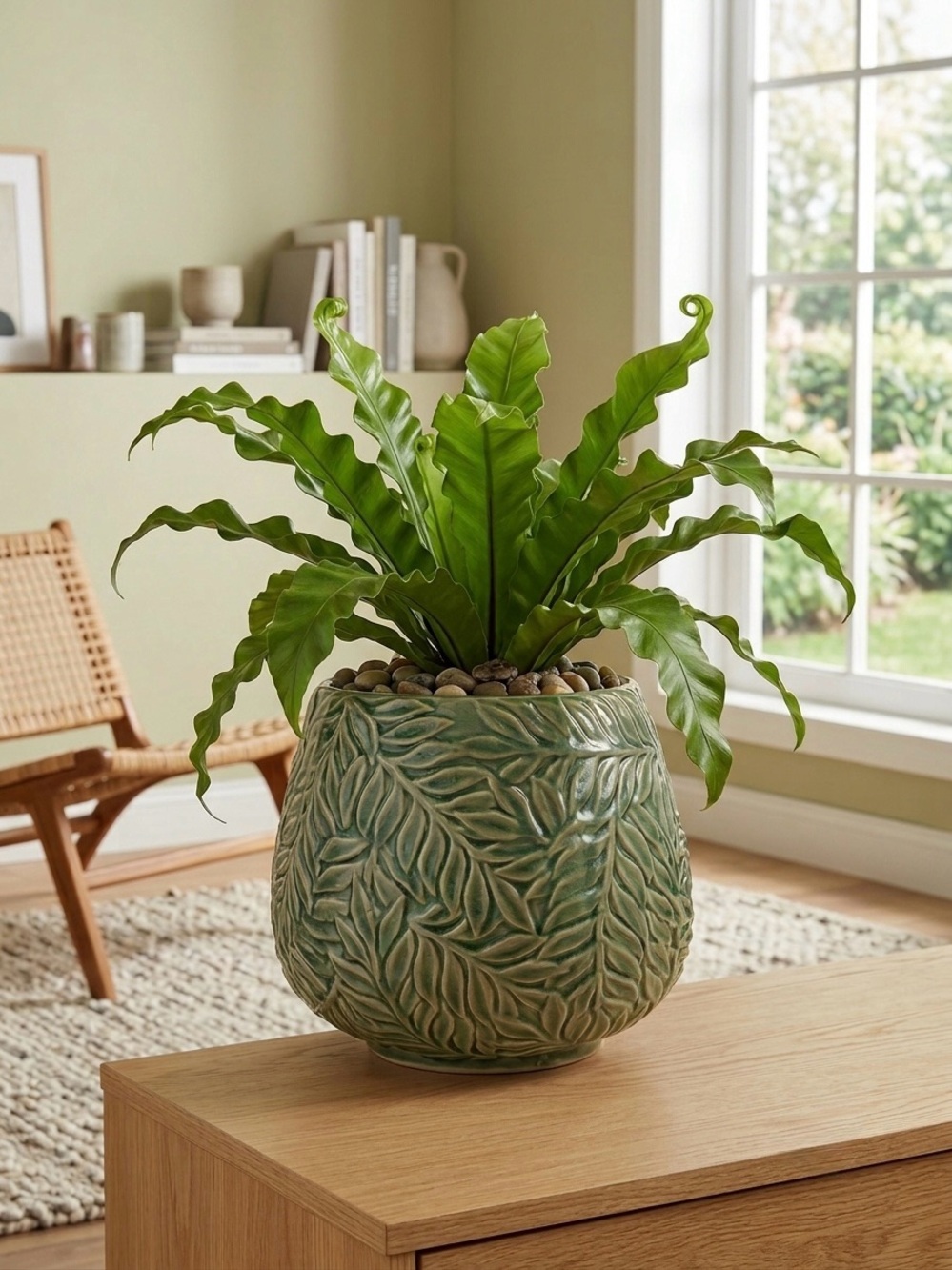 Green Leaf Ceramic Planter 7x7, Textured Fern Leaf Flower Pot with Drainage Hole